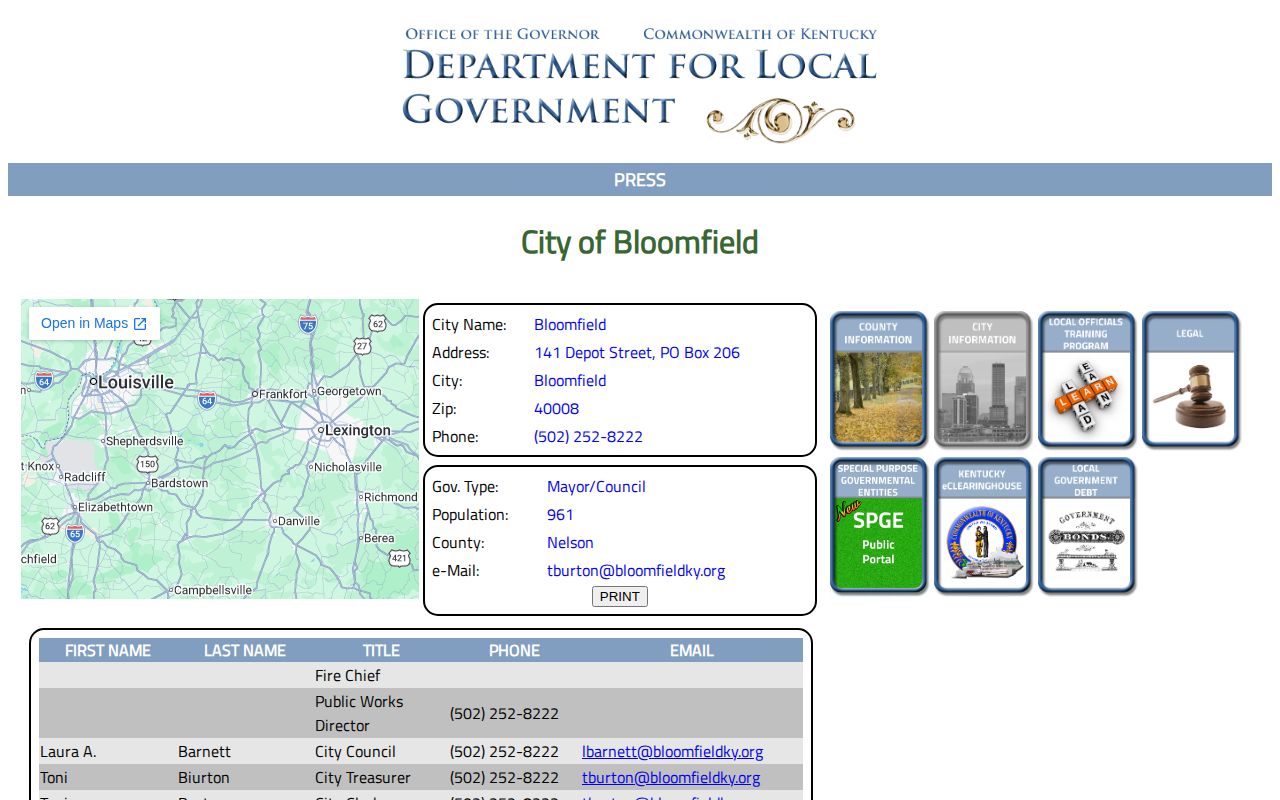 Bloomfield Kentucky government and police arrest-record listing