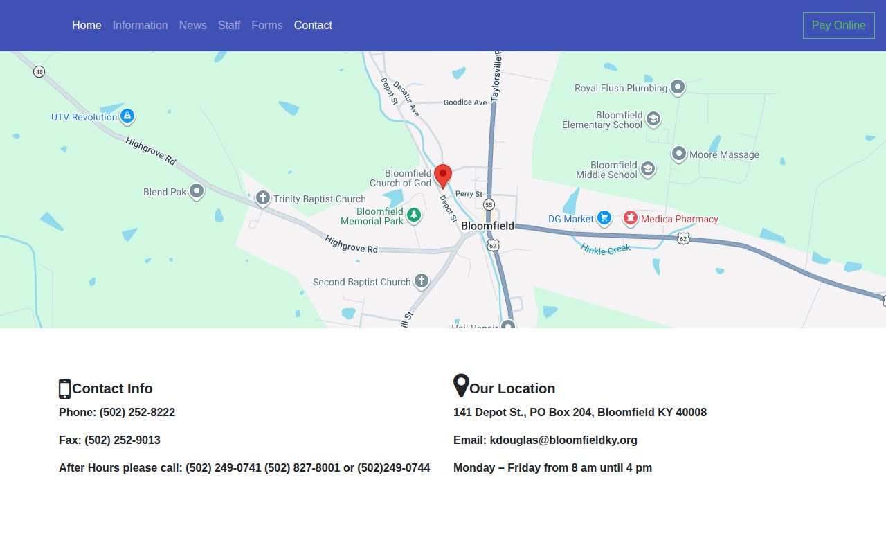 Bloomfield Kentucky official contact page for police record routing