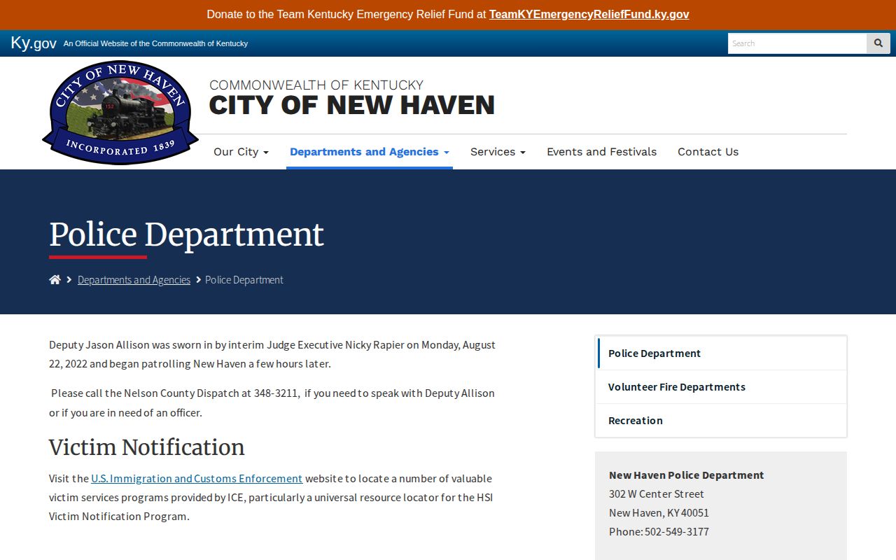 New Haven police contact page for Nelson County arrest records